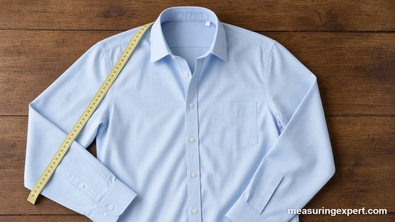 Tape running along a shirt sleeve to measure sleeve length from collar to cuff