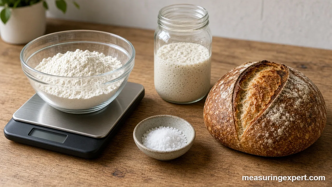 Measure sourdough ingredients on a digital scale with flour, starter and salt