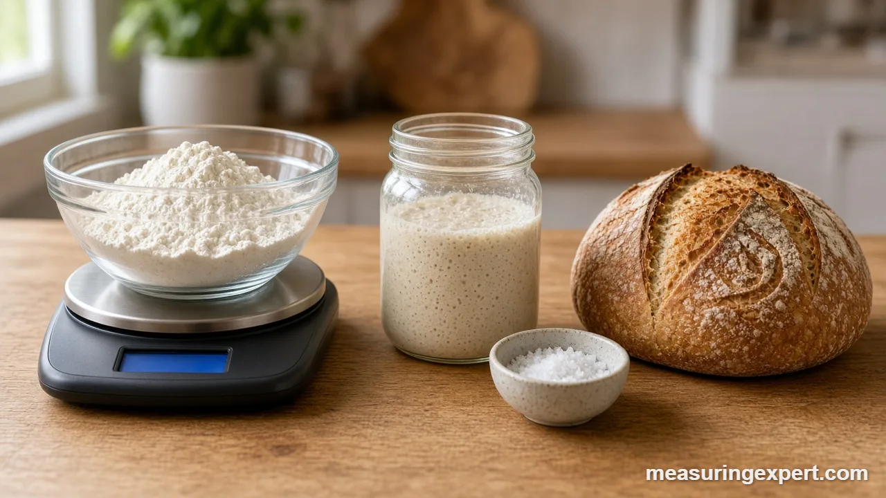 Weighing flour for sourdough ingredients in a glass bowl on a kitchen scale