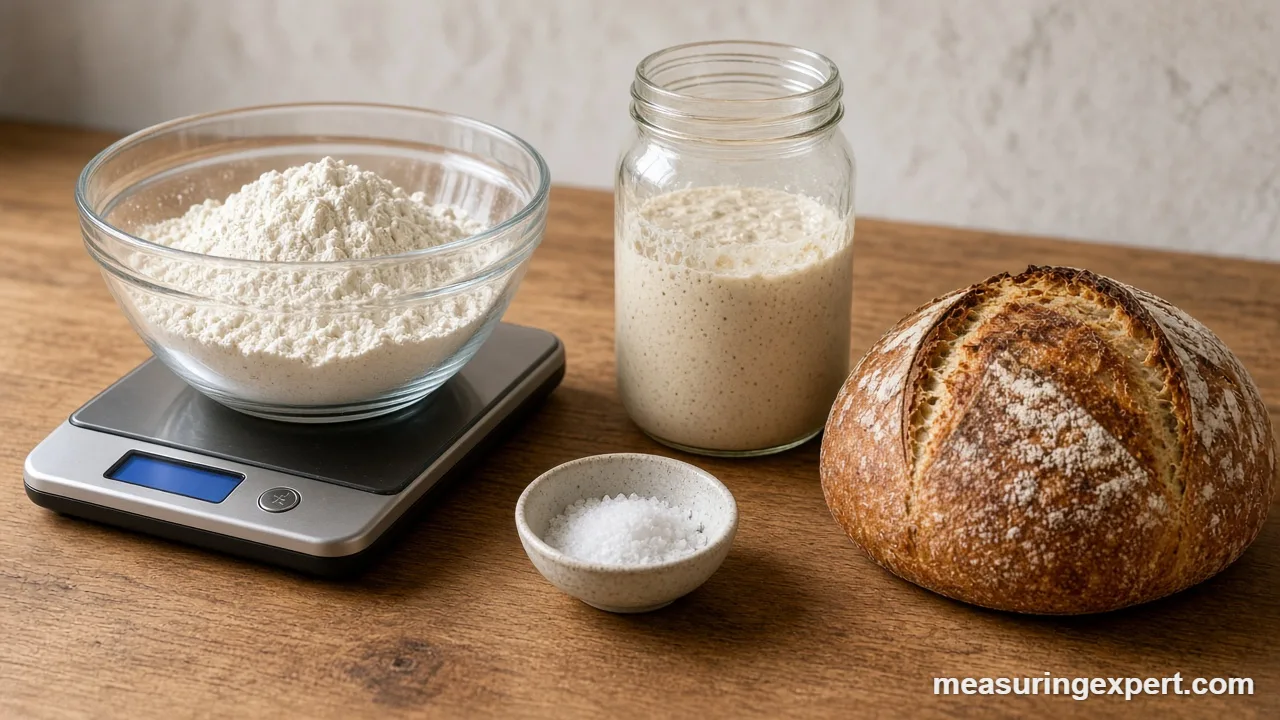 Sourdough ingredients including salt and starter ready to measure by weight