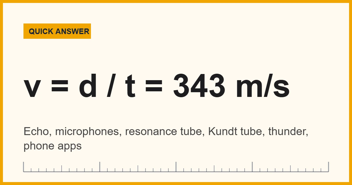 How to measure speed of sound: distance divided by time, about 343 m/s in air at 20 C