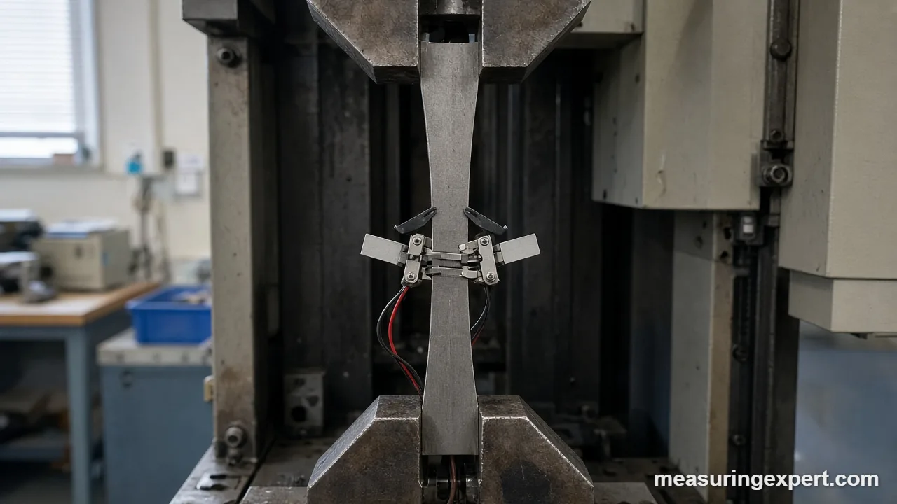 Measure stress and strain on a steel specimen in a tensile testing machine