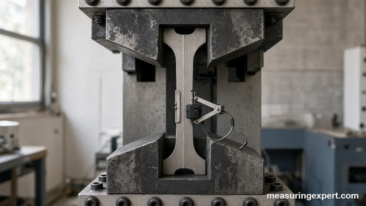 Measure stress and strain with an extensometer clipped on a metal bar