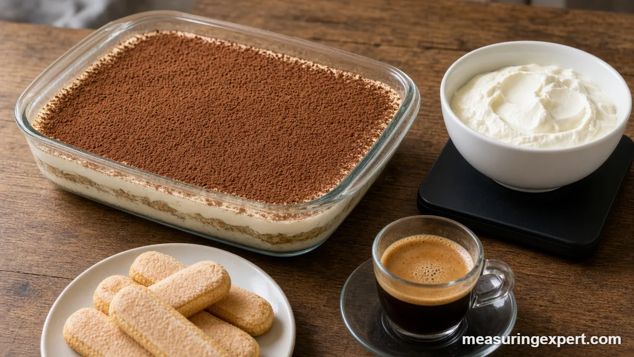 Measure tiramisu ingredients: a dusted tiramisu beside mascarpone on a kitchen scale