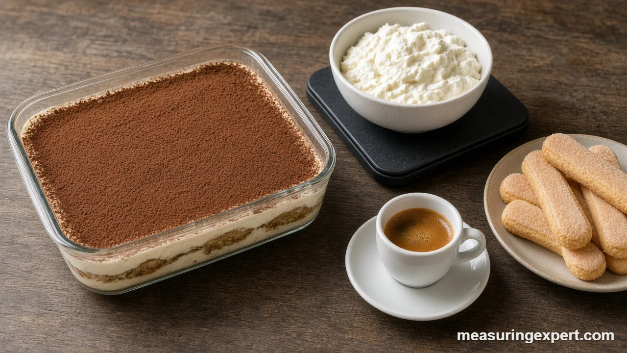 Step by step, measure tiramisu ingredients with a scale, measuring cup and espresso