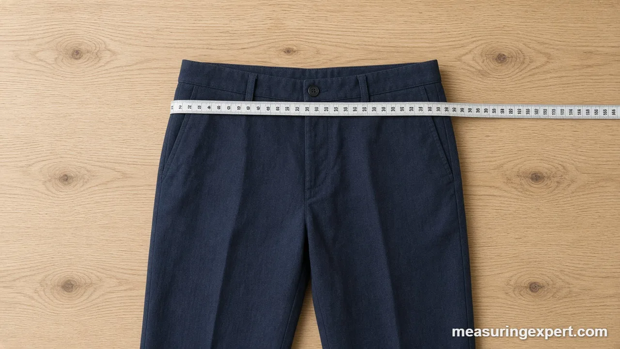 How to measure waist for pants: trousers laid flat with a tape measure across the waistband