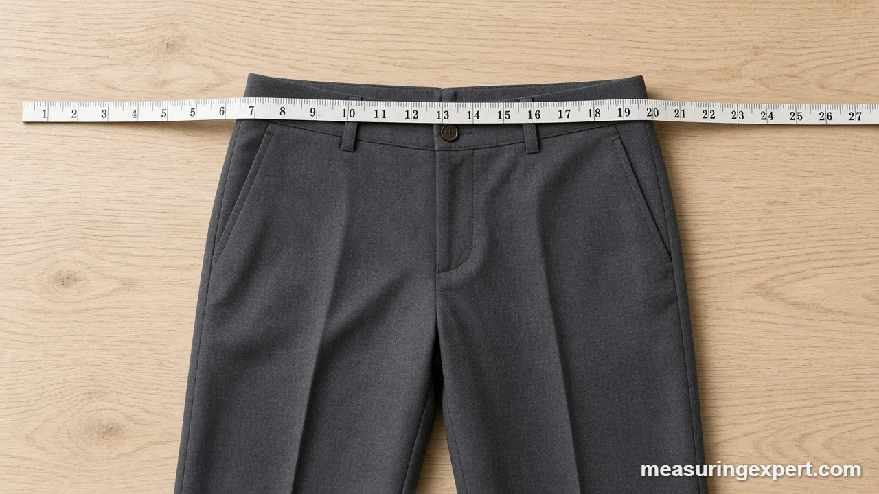 Flat waistband measured with a tape and doubled to check the real pants waist size