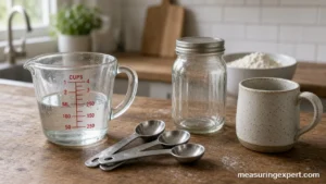 Measuring cup substitute: measuring spoons, jar and mug on a kitchen counter
