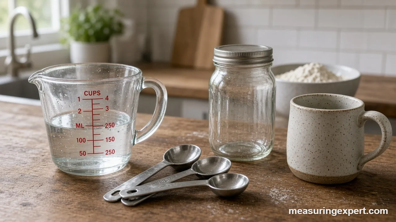 Measuring cup substitute: measuring spoons, jar and mug on a kitchen counter
