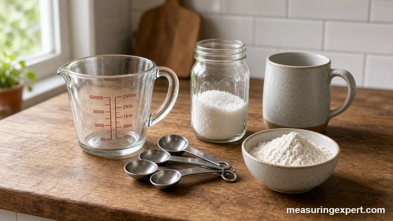 A glass measuring cup and spoons used as a measuring cup substitute