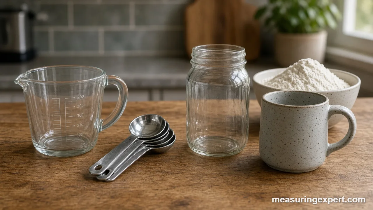 A mason jar and mug beside a bowl of flour as a measuring cup substitute