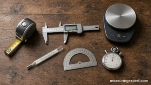 Measuring tools guide: tape measure, caliper, scale, thermometer and protractor on a bench
