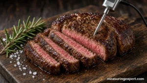 Meat thermometer inserted into a medium-rare steak