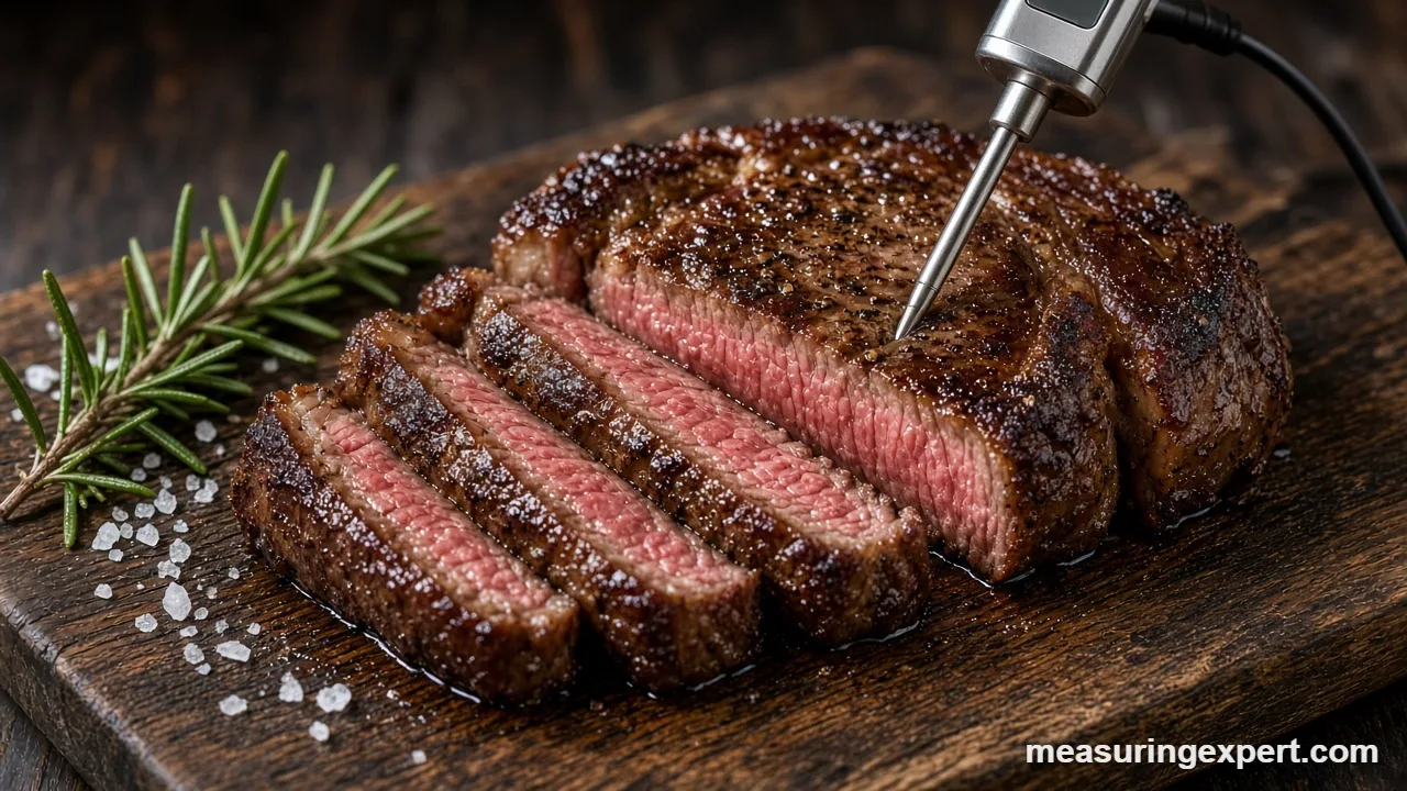 Meat thermometer inserted into a medium-rare steak