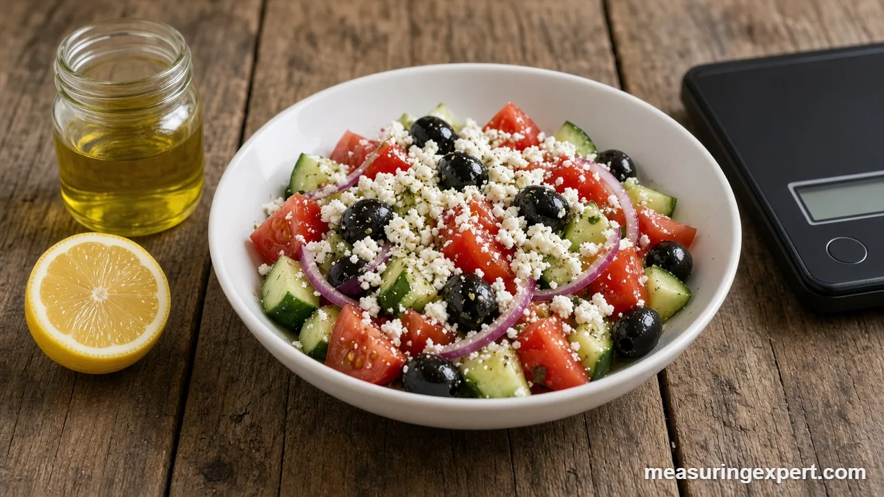 Mediterranean salad ingredients weighed on a kitchen scale