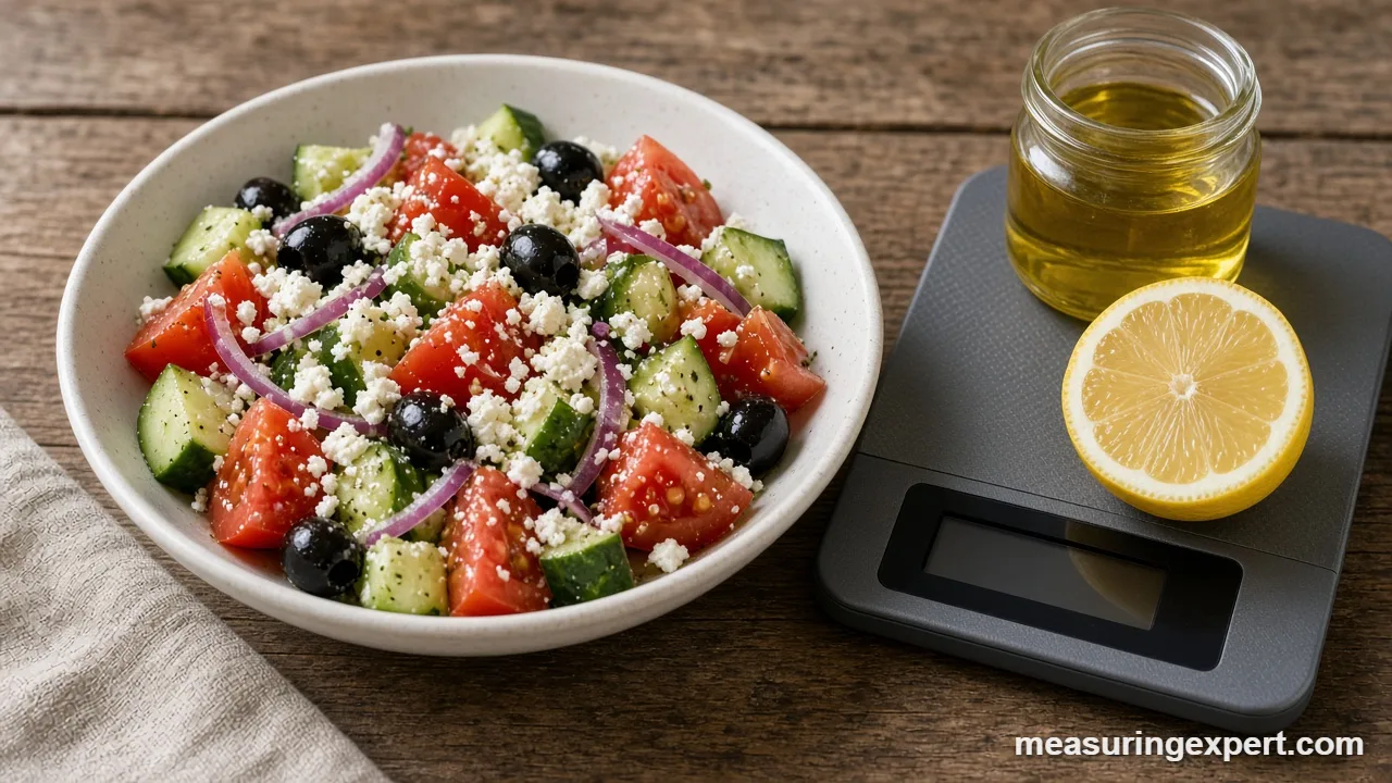 Measuring Mediterranean salad ingredients: bowl of Greek-style salad with olive oil and lemon