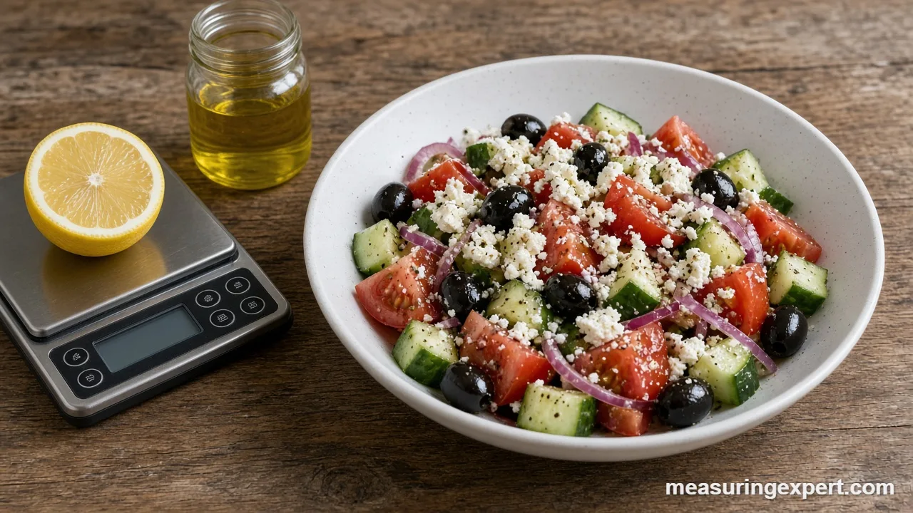 Measuring cups and spoons beside Mediterranean salad ingredients
