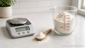 Metric system in cooking shown with a kitchen scale and a glass measuring jug