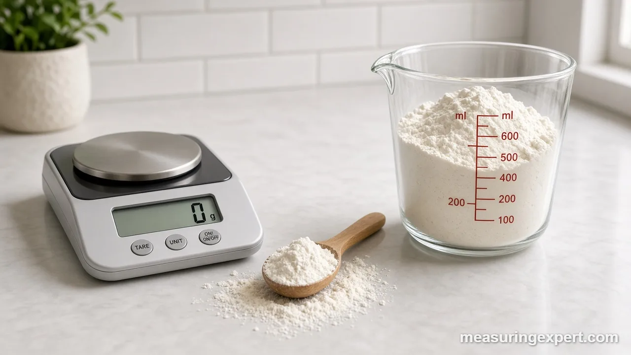Metric system in cooking shown with a kitchen scale and a glass measuring jug