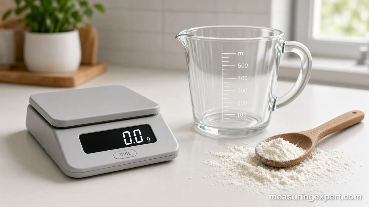 Glass measuring jug marked in milliliters next to flour on a kitchen counter