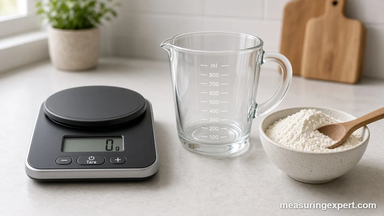 Digital kitchen scale weighing flour in a bowl for a metric recipe
