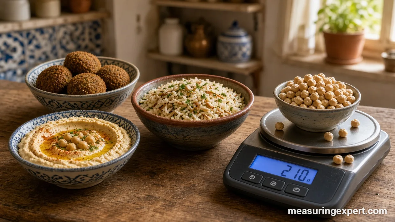 Middle Eastern dishes hummus falafel and rice pilaf next to a kitchen scale