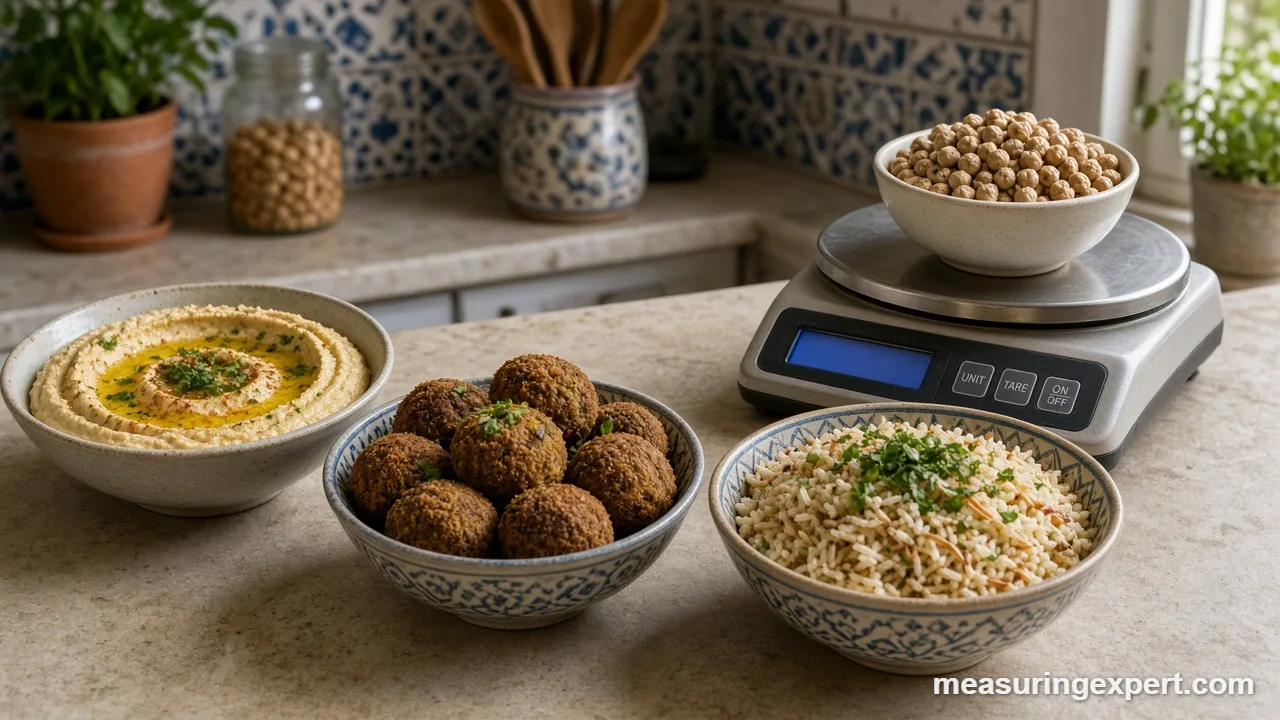 Hummus bowl and chickpeas weighed for Middle Eastern dishes