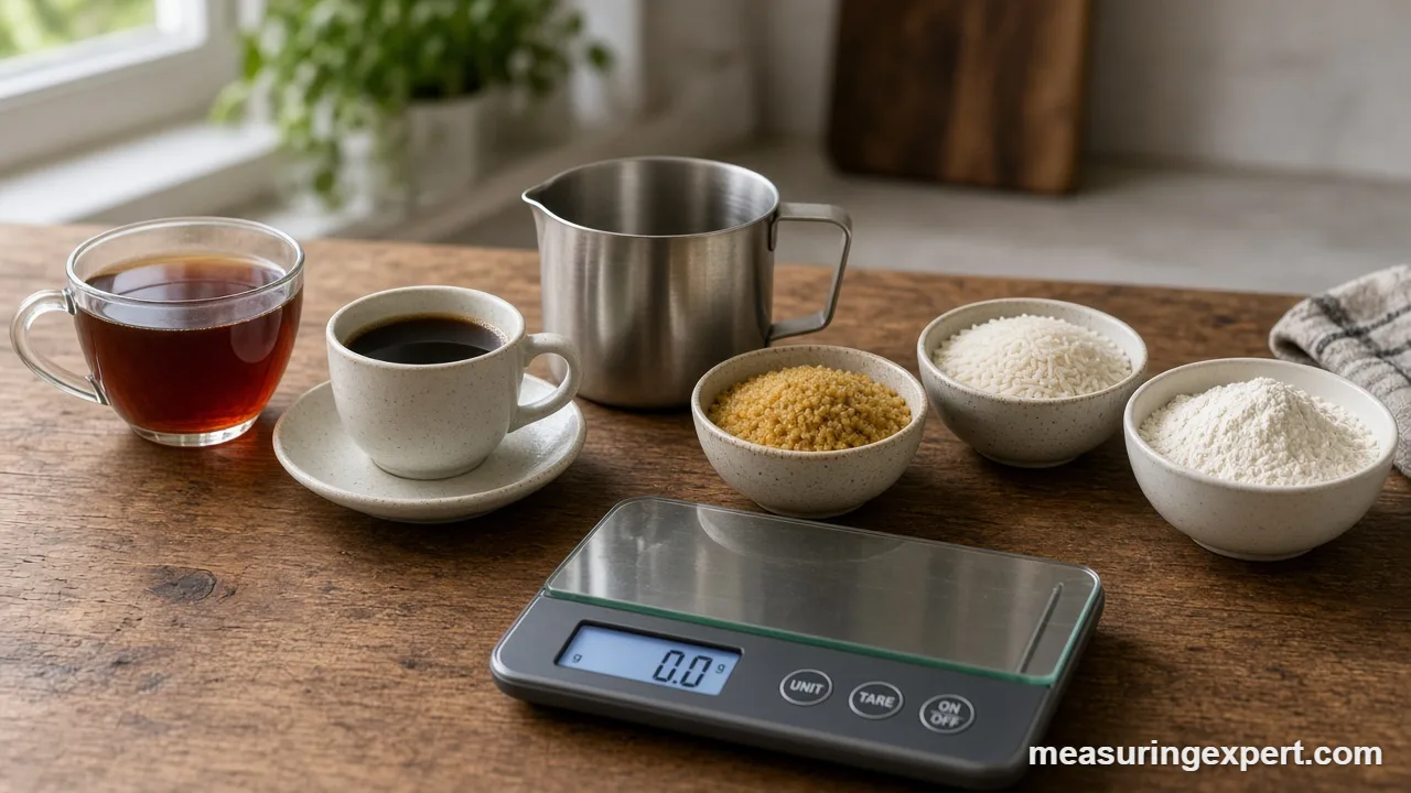 Middle Eastern cooking measurements: tea glass, jug and kitchen scale