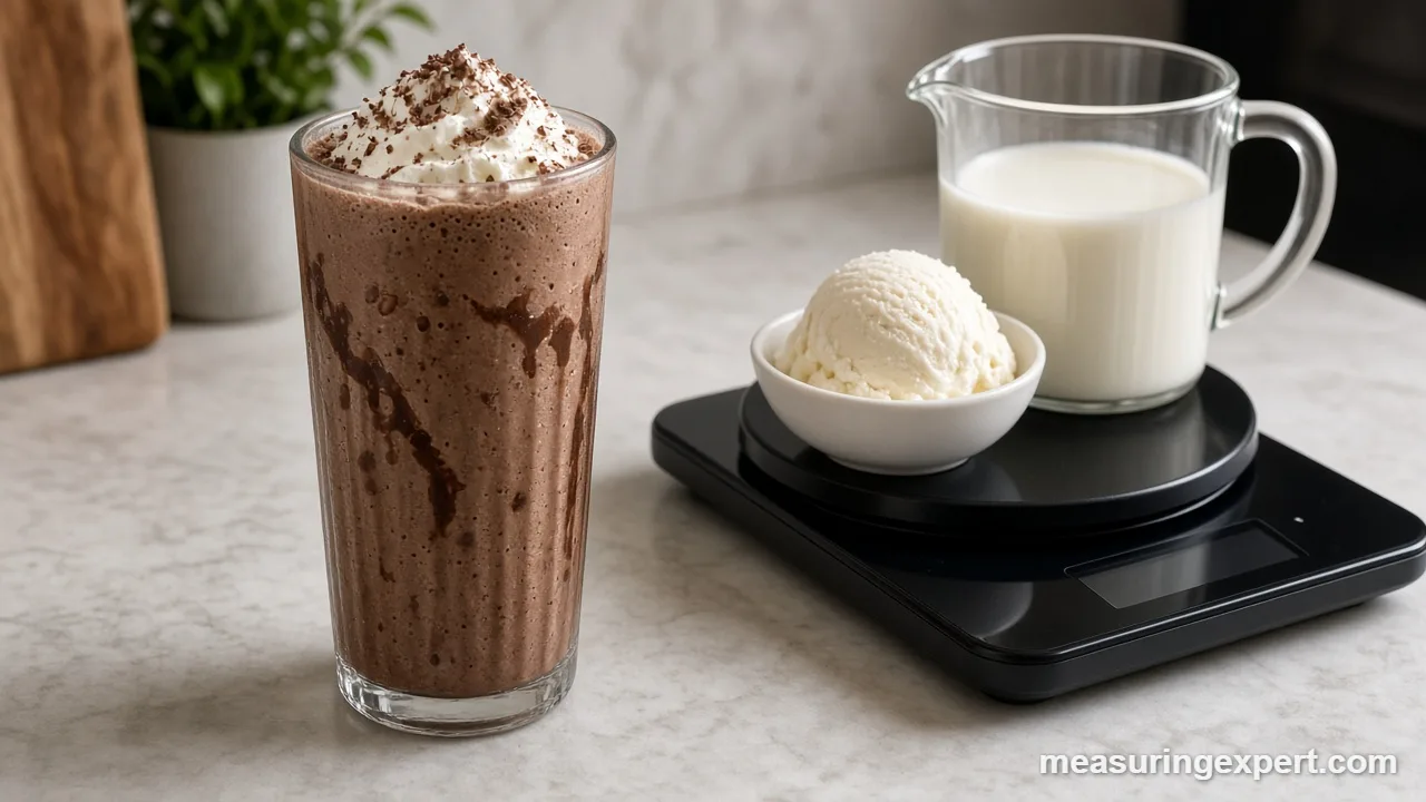 Milkshake with measuring cup and scale to measure ingredients for milkshakes