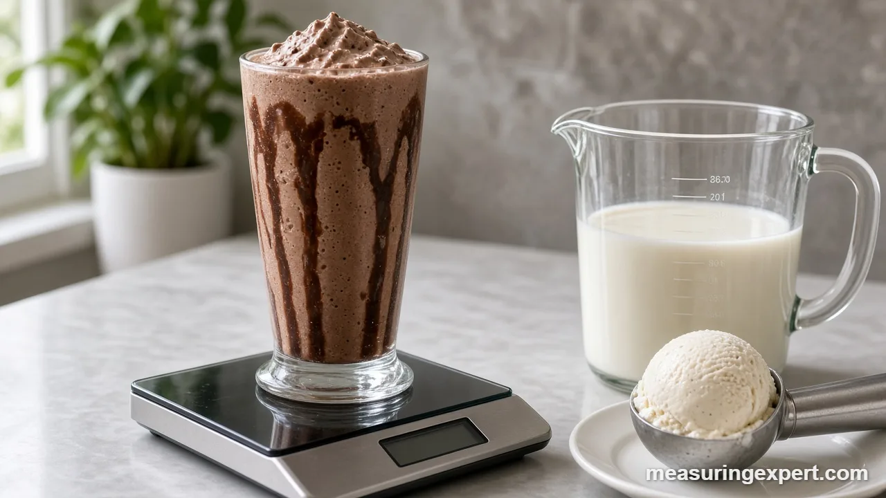 Glass measuring cup of milk to measure ingredients for milkshakes