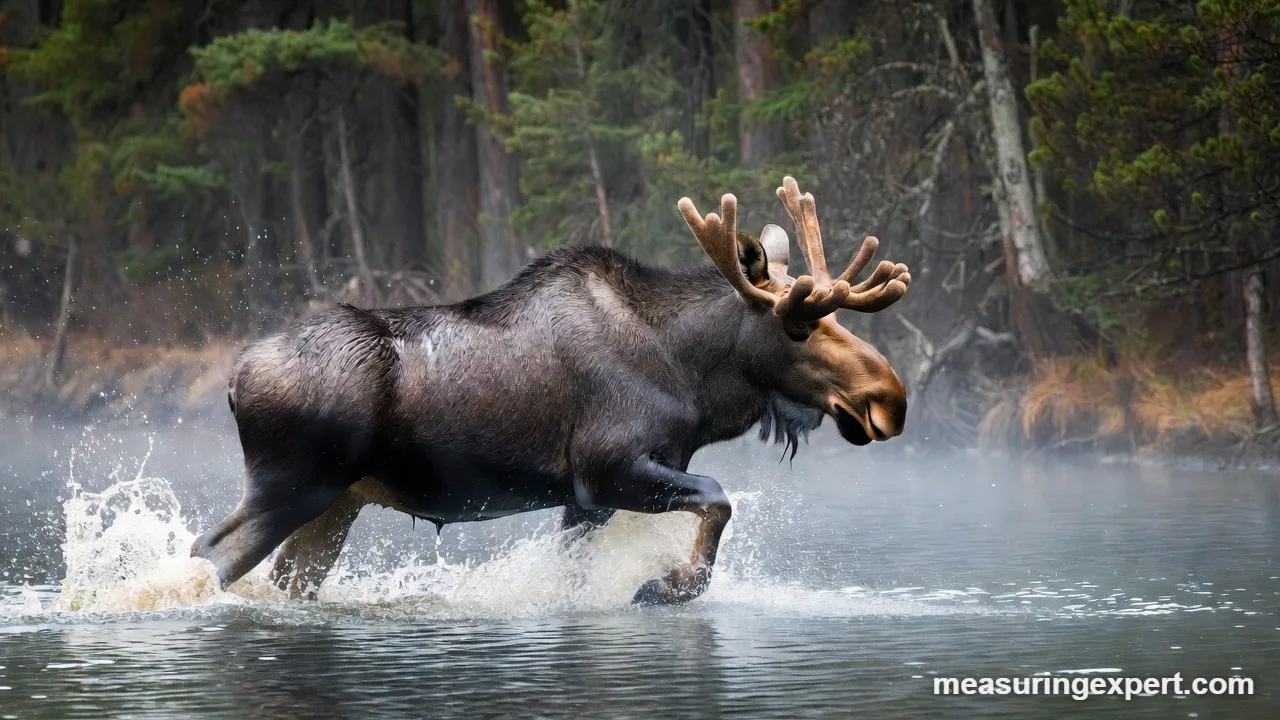Bull moose running through shallow water, how fast can a moose run
