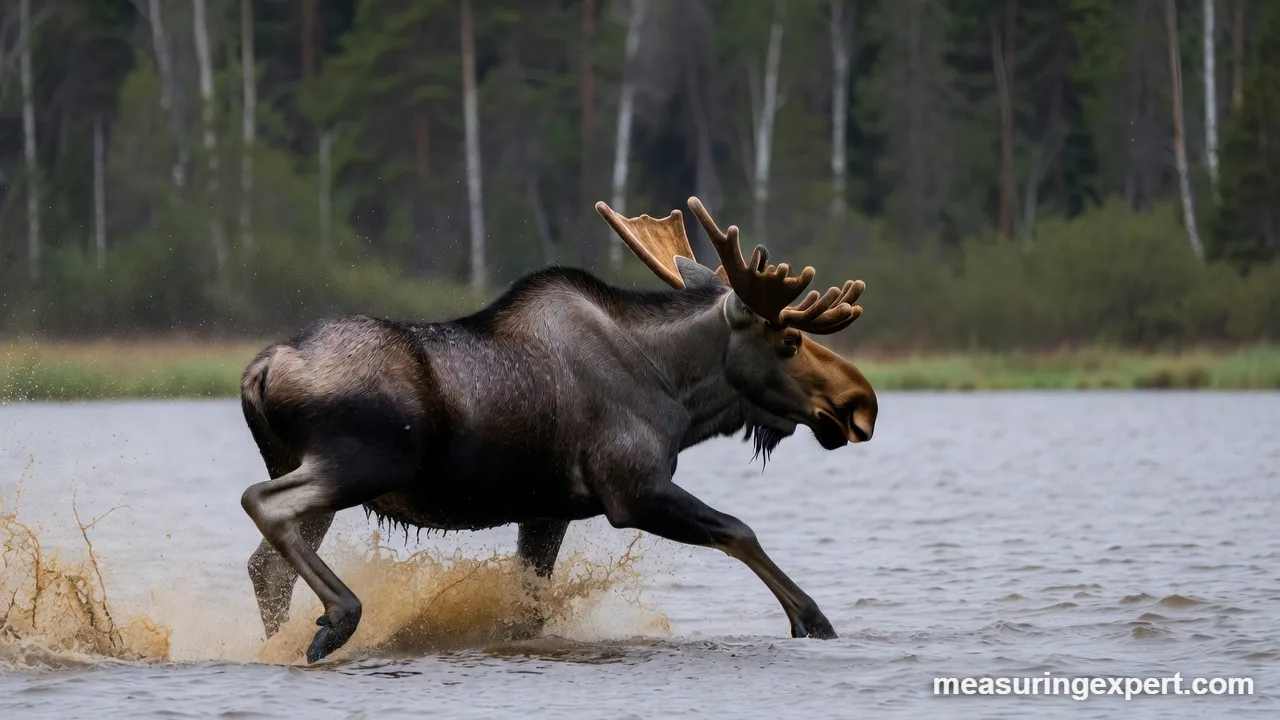 Moose splashing through a lake, how fast a moose runs through water