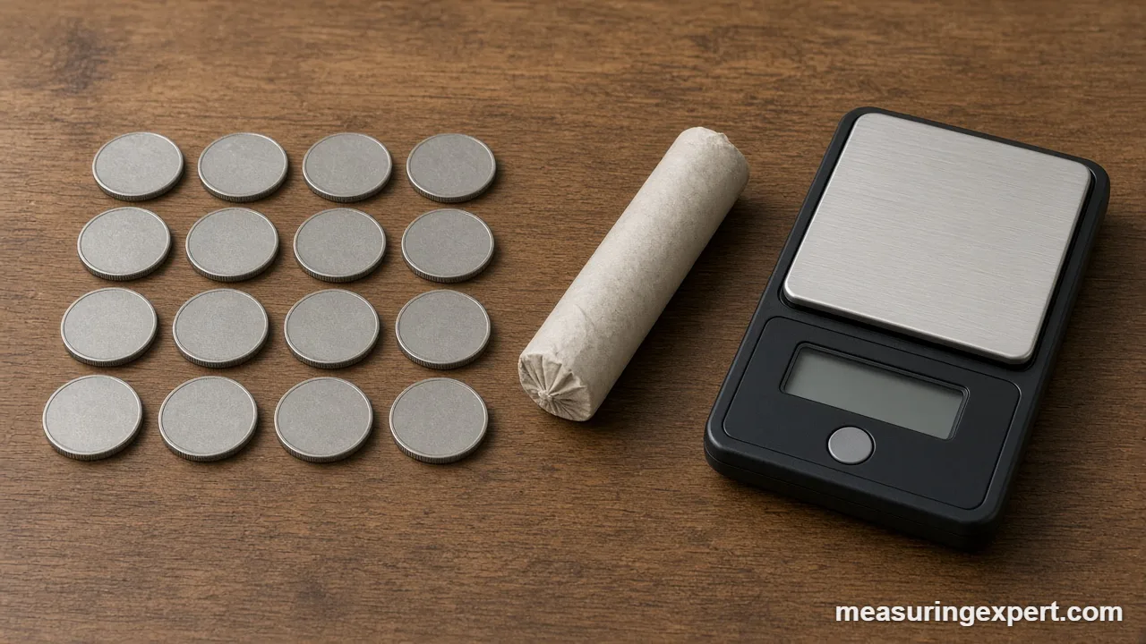 Nickels in a dollar, a roll and a box