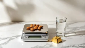 An ounce of almonds on a scale beside a gold bar and a fluid ounce of water