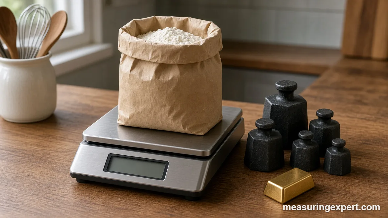 Weighing a bag on a kitchen scale to find the pounds and ounces in a kilo