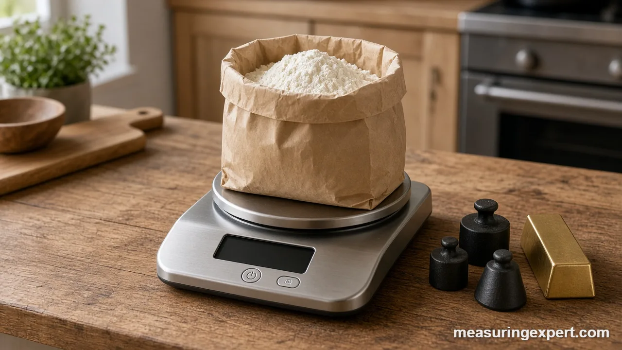 Balance weights next to a scale, showing ounces in a kilo versus a kilogram