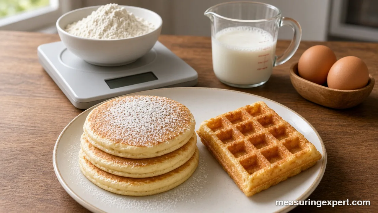 Pancakes and waffles beside a kitchen scale, flour and a measuring cup