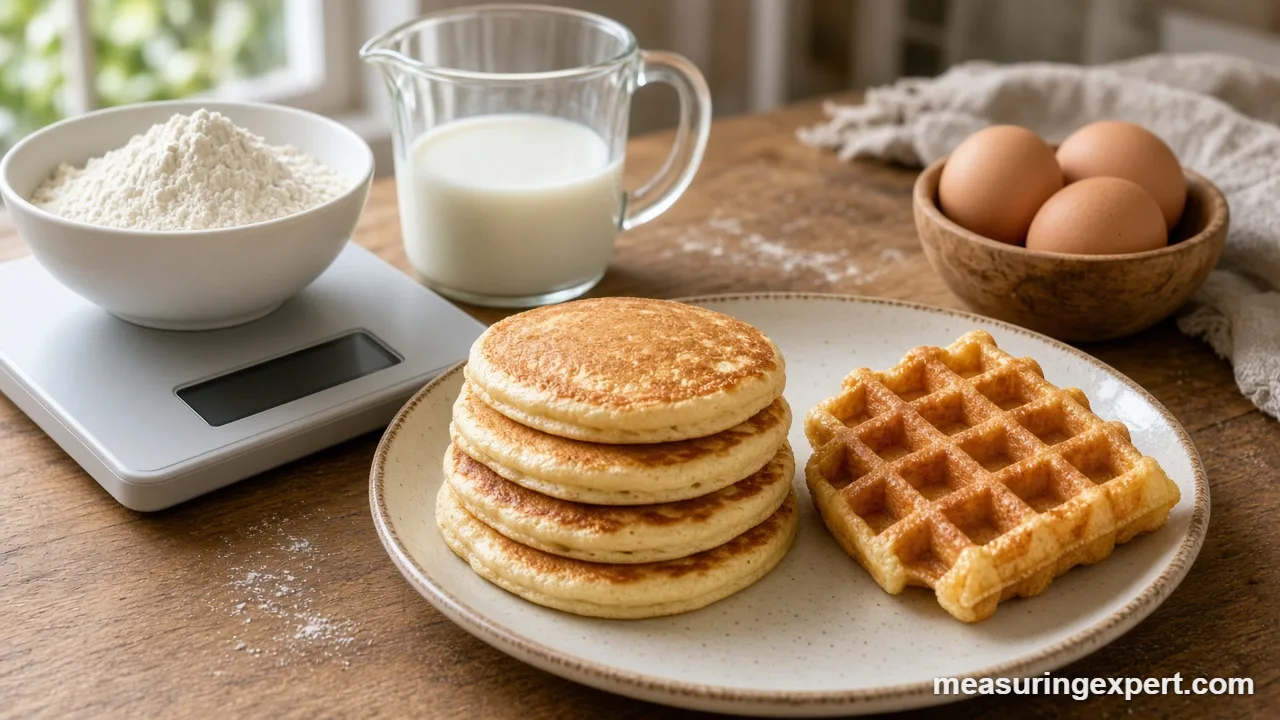 Weighing flour for pancakes and waffles on a digital scale