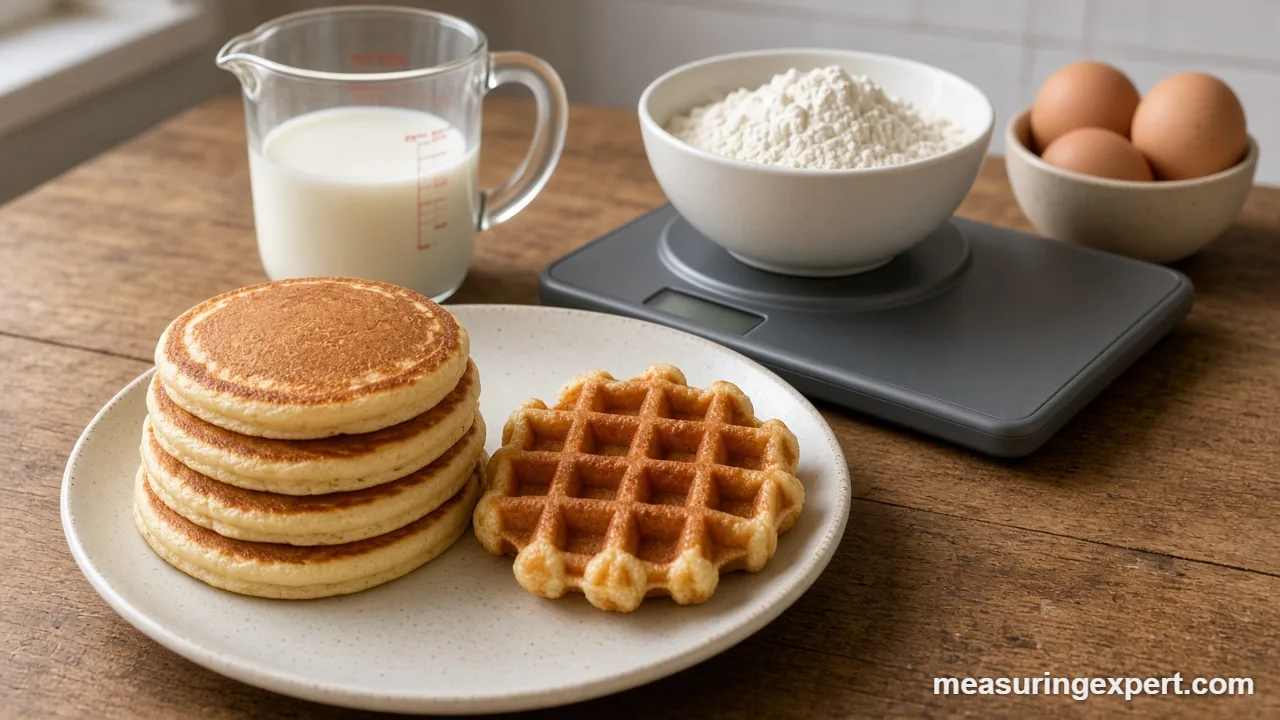 Fluffy pancakes and waffles ready to serve
