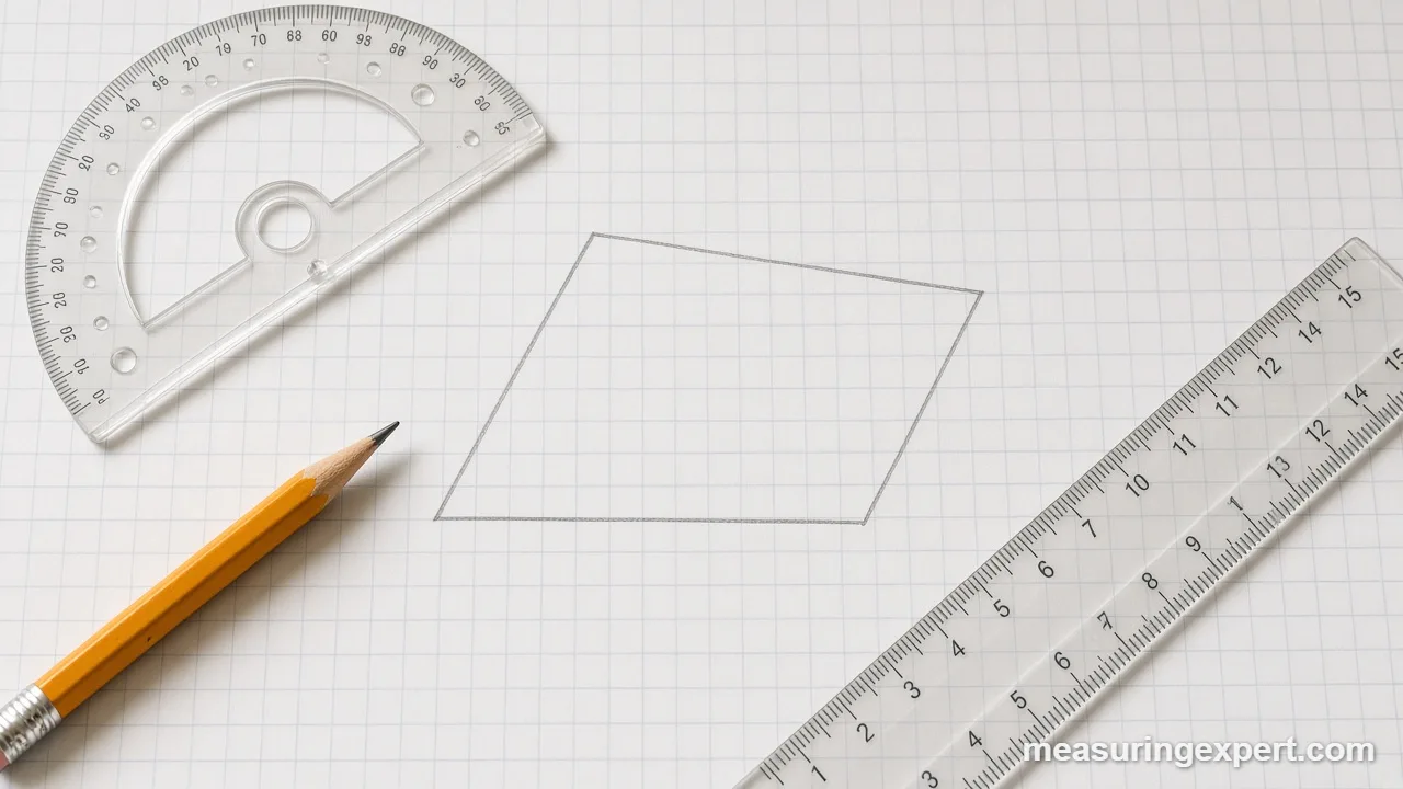 Protractor and pencil on graph paper beside a drawn parallelogram showing parallelogram angles