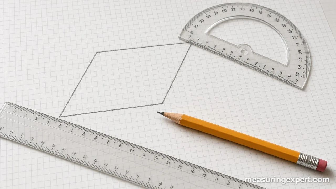 Measuring parallelogram angles with a clear protractor on a drawn shape