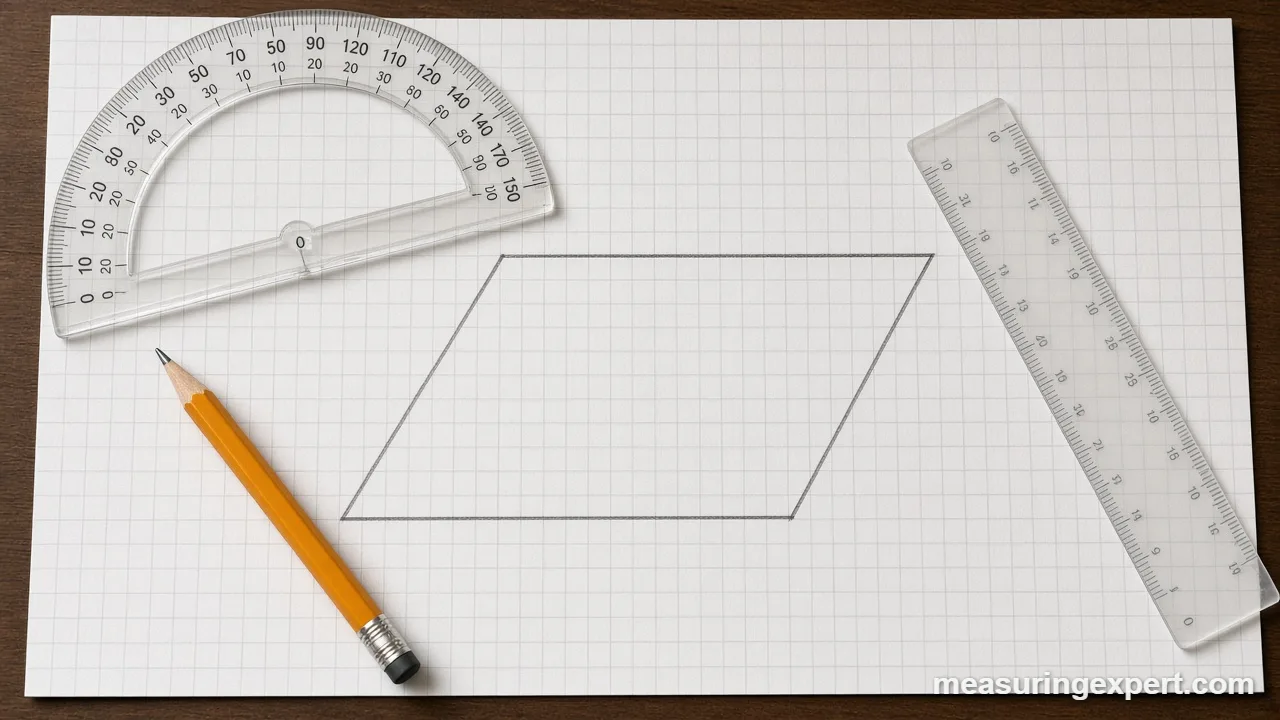 Pencil, ruler and compass used to check parallelogram angles on paper