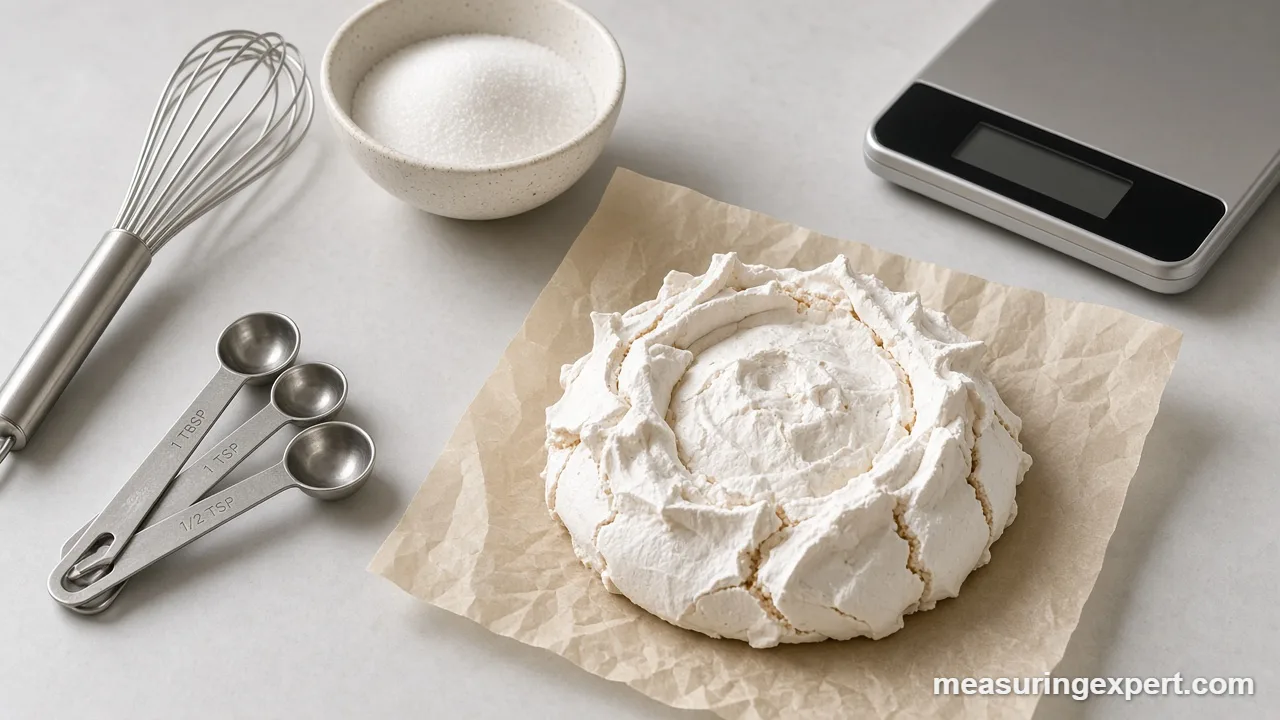 Measuring pavlova ingredients: meringue shell with sugar and measuring spoons