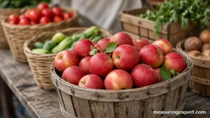 A peck basket of apples at a market