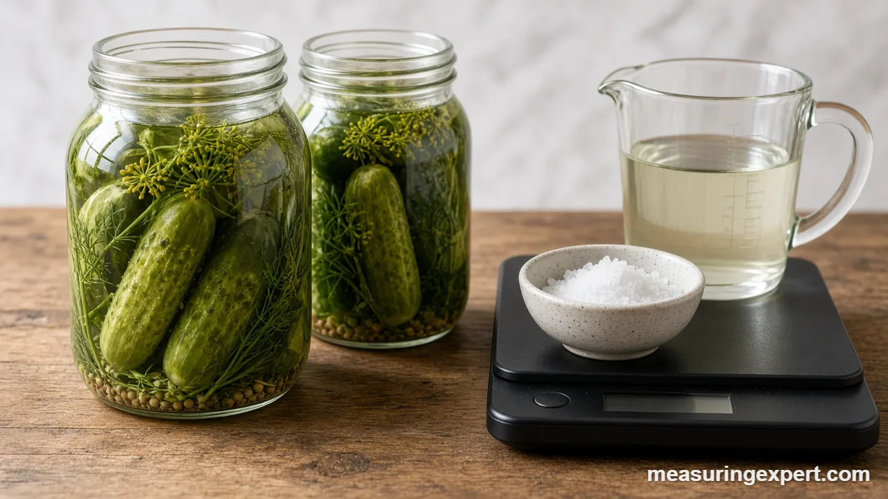 Measure ingredients for pickling: salt and vinegar measured for brine