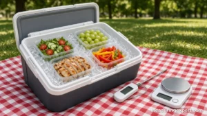 Picnic cooler packed with ice to measure picnic ingredients