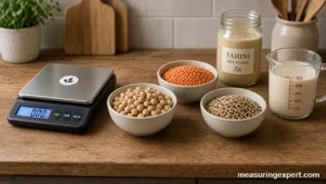Plant-based cooking measurements: dry chickpeas, lentils and quinoa on a kitchen scale