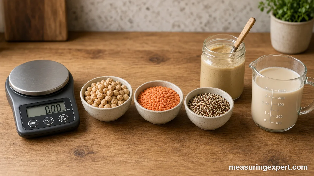 Plant-based cooking measurements by weight: bowls of dry legumes and grains beside a digital scale