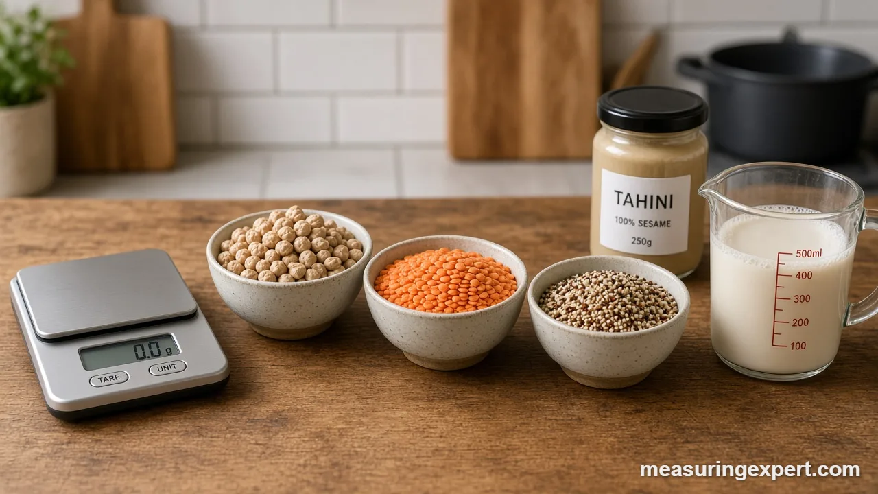 Plant-based cooking measurements for plant milk: glass measuring cup of oat milk next to a scale