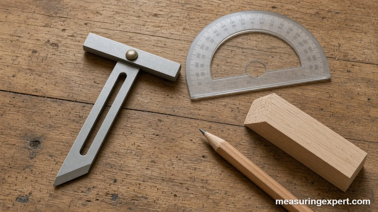Protractor vs bevel gauge: a sliding T-bevel set to an angle beside a pencil
